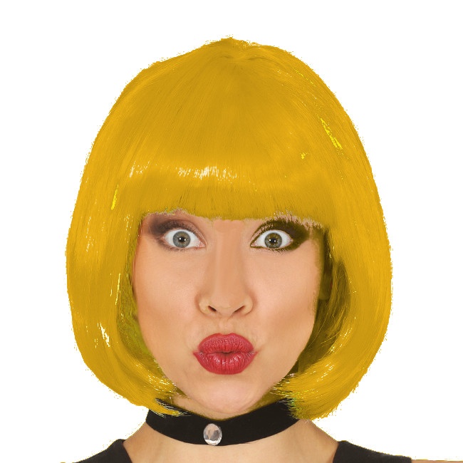 Vista frontal del peluca corta en color amarillo, azul, blanco, castaño, naranja, negro, rojo, rosa, rubio y verde