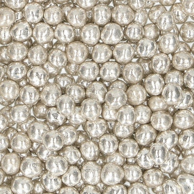 Vista delantera del sprinkles de perlas blandas plateadas metalizadas de 55 gr - FunCakes en stock