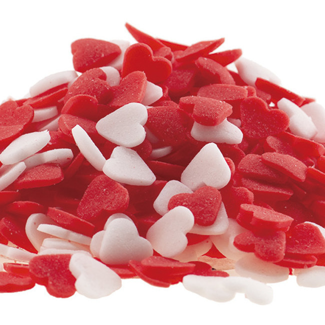 Vista principal del sprinkes de corazones blancos y rojos de 100 gr en stock