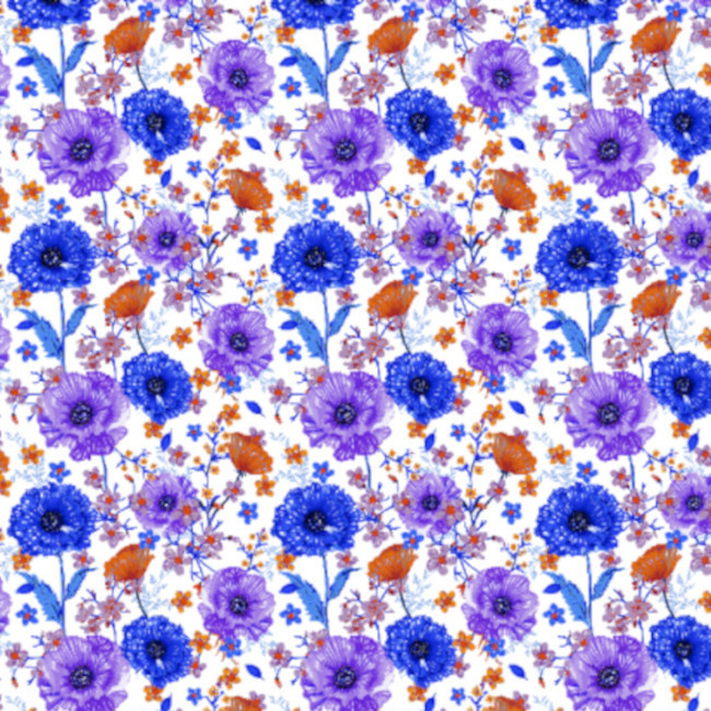 Vista delantera del tela de algodón flores coloridas Hellen - Indigo en stock