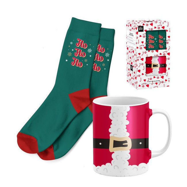 Vista principal del set regalo taza y calcetines de Navidad Ho Ho Ho en stock