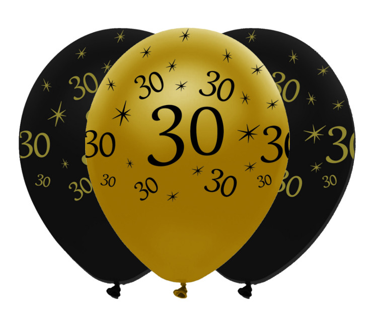 Vista delantera del globos negros y dorados Feliz Cumpleaños de 30 cm - Creative Party - 6 unidades en stock