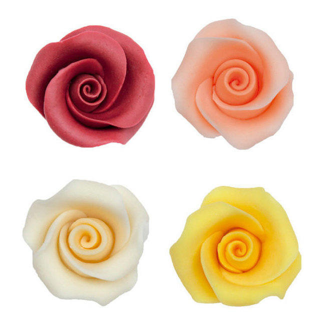 Vista frontal del figuras de azúcar de rosas de colores de 4 cm - Dekora - 16 unidades en stock