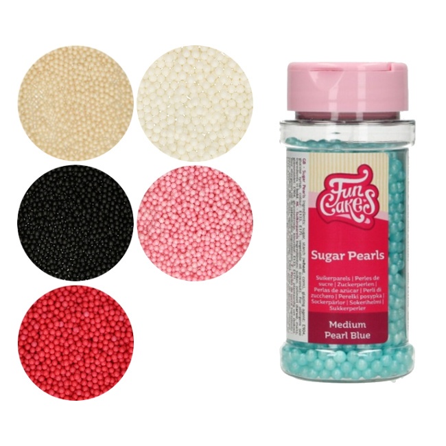 Vista principal del sprinkles de perlas nacaradas de 80 gr - FunCakes en color azul, blanco, blanco brillante, negro, rojo y rosa