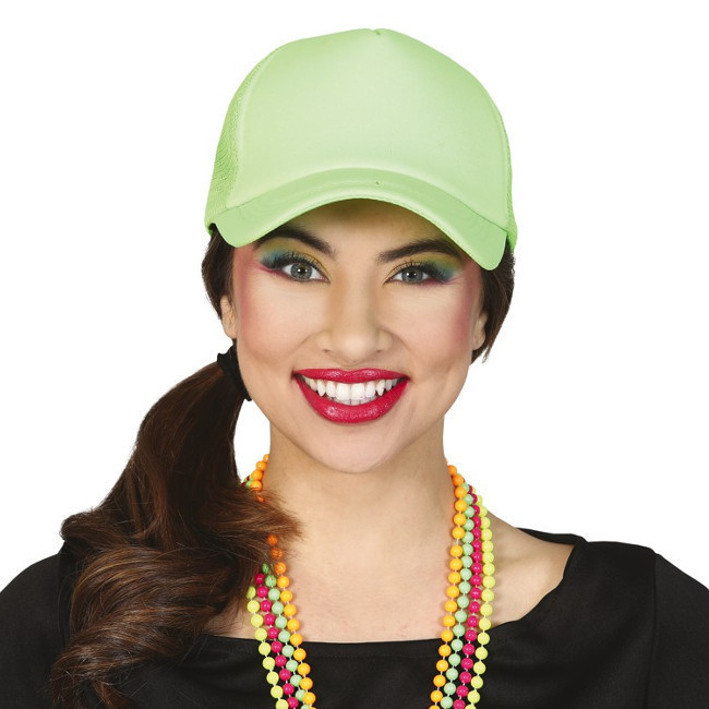 Vista frontal del gorra neón ajustable de colores en color amarillo, naranja, rosa y verde
