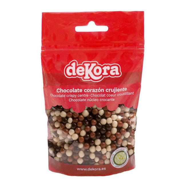 Vista frontal del perlas crujientes de 3 chocolates de 100 gr - Dekora