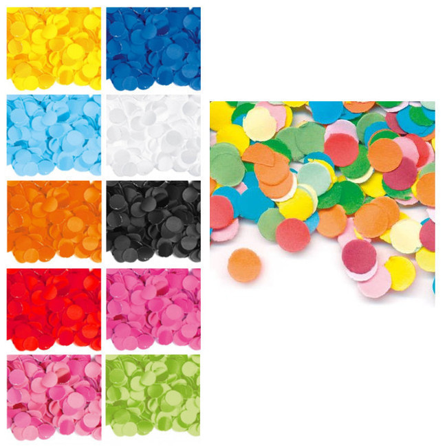 Vista principal del bolsa de confetti de colores de 1 Kg en color amarillo, azul, azul claro, blanco, multicolor, naranja, negro, rojo, rosa, rosa claro y verde