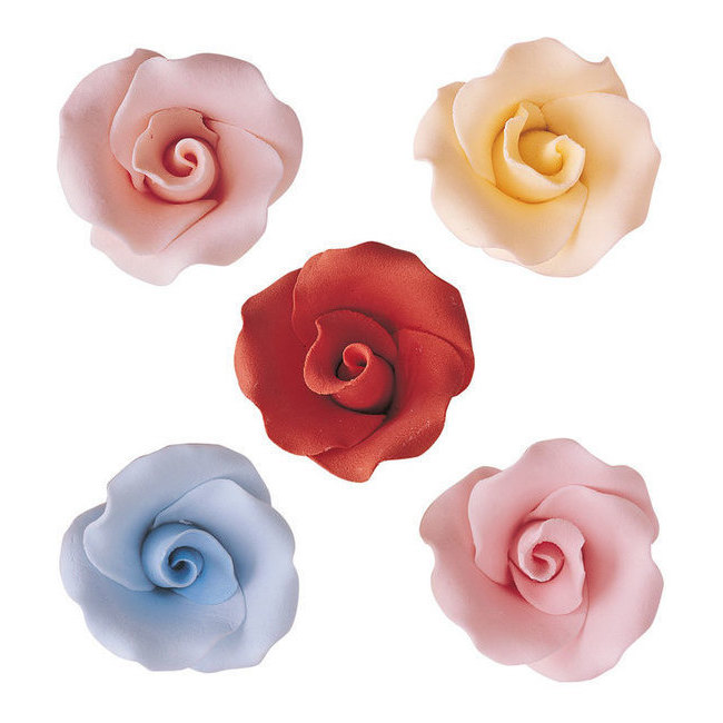 Vista principal del figuras de azúcar de rosas de colores de 4 cm - Dekora - 36 unidades en stock