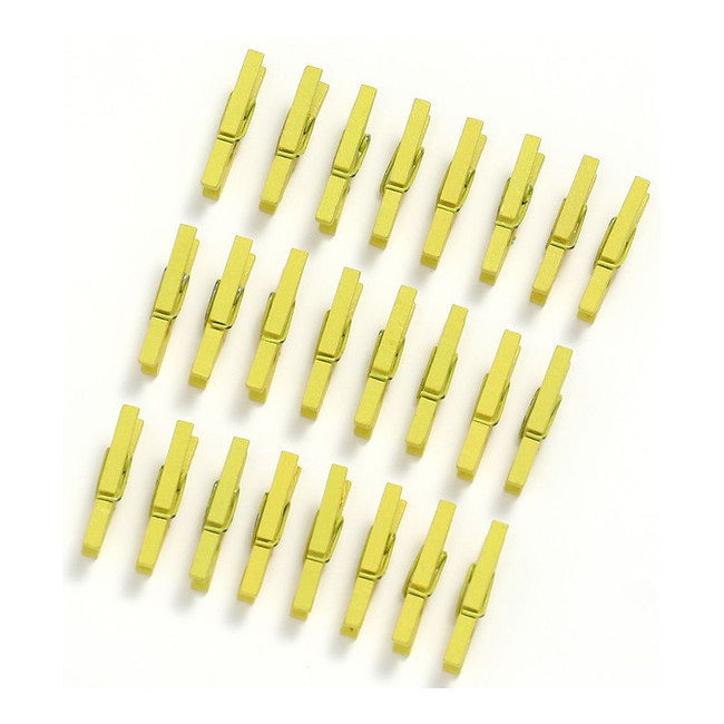 Vista delantera del pinzas de madera de colores de 2,5 cm - 22 unidades en color amarillo, azul, blanco, dorado, fucsia, lila, natural, plateado, rosa pastel, verde y verde lima