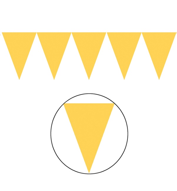 Vista principal del banderín de triángulos de 4,50 m en color amarillo, azul, blanco, dorado, fucsia, lila, multicolor, negro, plateado, rojo y verde