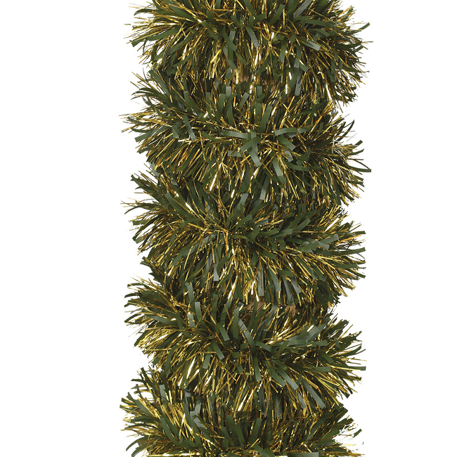Vista frontal del espumillón verde y dorado de 180 x 10 cm en stock