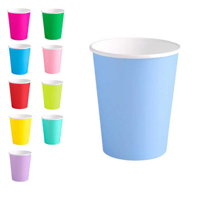 Vista delantera del vasos de 270 ml - 10 unidades en color aguamarina, amarillo, azul, azul pastel, fucsia, lavanda, rojo, rosa pastel, verde y verde lima