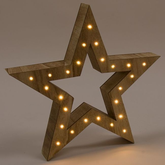 Foto detallada de adorno de estrella de madera con 25 leds - 1 unidad