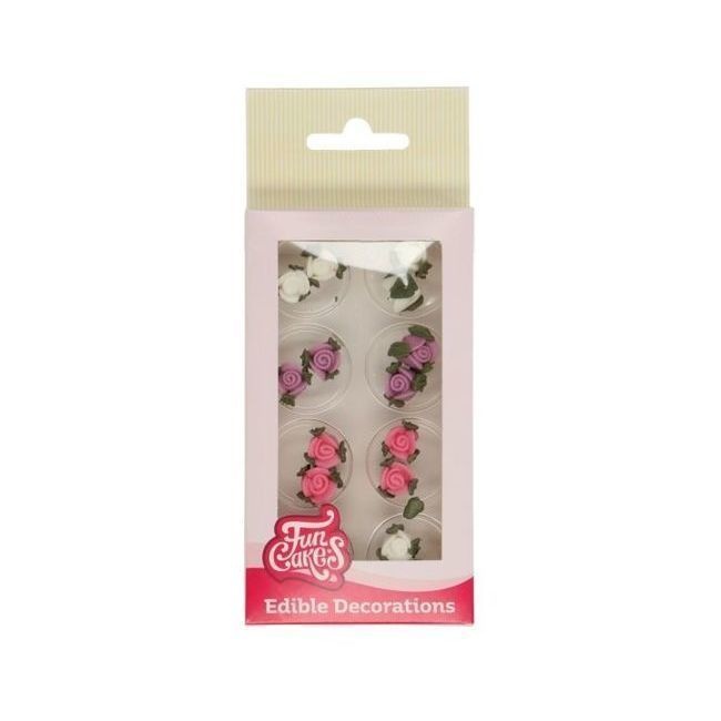 Foto detallada de figuras de azúcar de rosas con hojas - FunCakes - 16 unidades