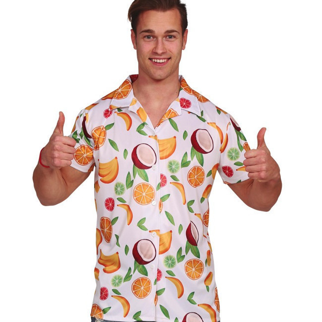 Vista frontal del camisa disfraz de hawaiano con frutas en stock
