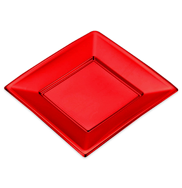 Vista frontal del platos cuadrados metalizados de 23 cm - Maxi Products - 4 unidades en color dorado, plateado, rojo y rosa dorado