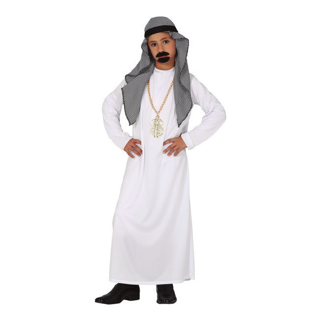 Vista delantera del disfraz de jeque árabe de Dubái en tallas 5 a 12 años