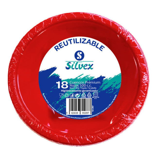 Vista principal del platos redondos reutilizables de 500 cc - Silvex - 18 unidades en color blanco, celeste, fucsia, lila, negro y rojo