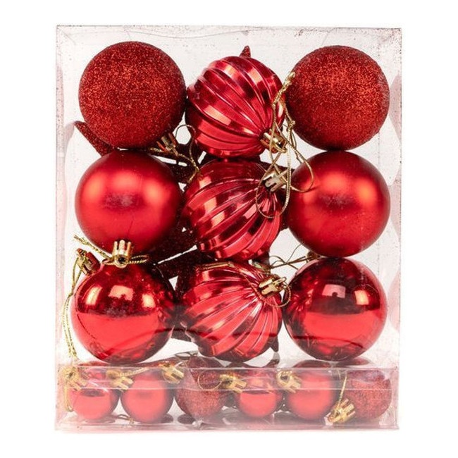 Vista frontal del bolas de Navidad surtidas en color dorado, plateado, rojo, rosa y turquesa