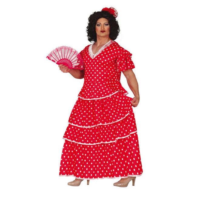 Vista principal del disfraz de flamenca rojo con lunares en stock