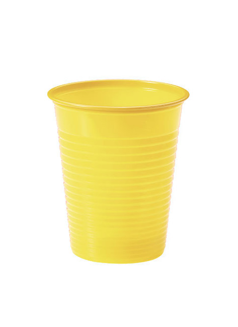 Vista delantera del vasos de colores de 200 ml - 24 unidades en color aguamarina, amarillo, azul, lila, naranja, negro y verde oscuro