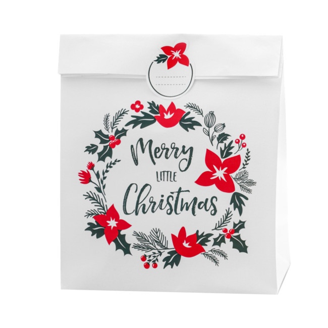 Vista delantera del bolsa de regalo de Merry Christmas de 27 x 25 x 11 cm - 3 unidades en color blanco y kraft