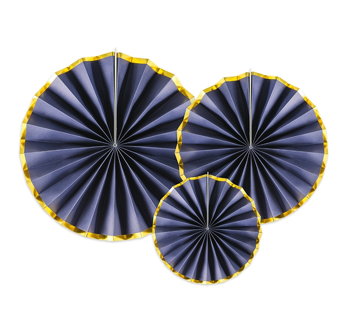 Vista delantera del colgantes redondos de abanico en color aguamarina, amarillo, azul, azul marino, blanco, lila, negro y rosa