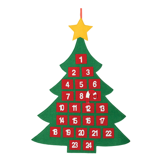 Vista principal del calendario de adviento de árbol de Navidad en stock