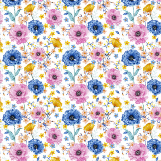 Vista delantera del tela de algodón flores coloridas Hellen - Indigo en stock