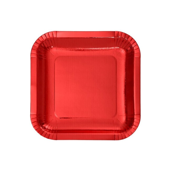 Vista frontal del platos cuadrados metalizados de cartón de 18 cm - Maxi products - 12 unidades en color dorado, plateado y rojo
