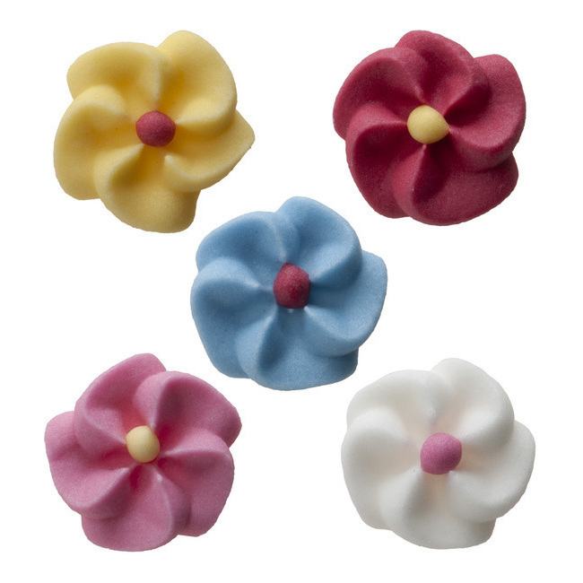 Vista frontal del figuras de azúcar de flores de colores de 1,5 cm - Dekora - 500 unidades en stock