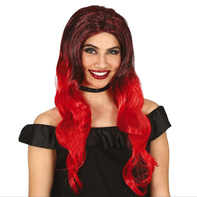 Vista principal del peluca negra y roja ondulada en stock