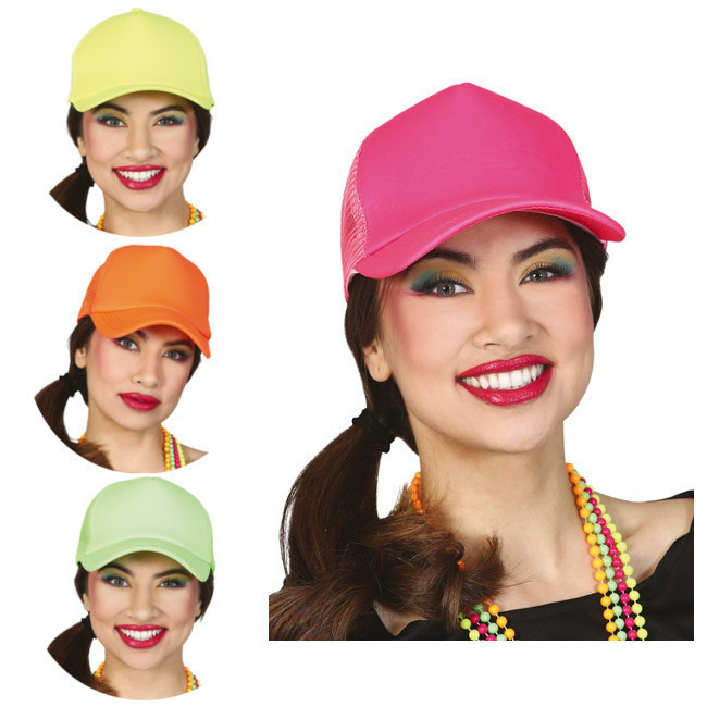 Vista frontal del gorra neón ajustable de colores en color amarillo, naranja, rosa y verde