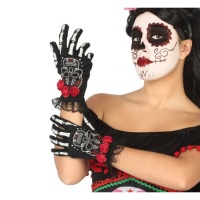 Guantes de esqueleto Catrina con rosas - 24 cm