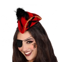 Sombrero mini de pirata rojo con pluma negra