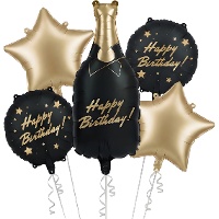 Bouquet de botella de champán y globos negros y dorados - 5 unidades