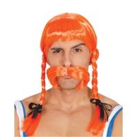 Peluca naranja con trenzas y bigote