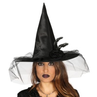 Sombrero de bruja negro con flor y tul - 61 cm