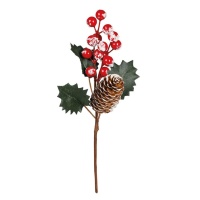 Rama decorativa con muérdago nevado y piña - 25 cm