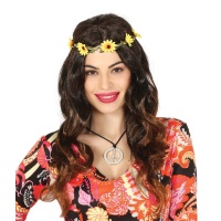 Peluca hippie ondulada con diadema de flores