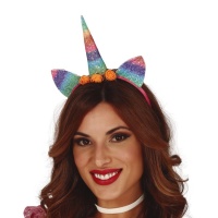 Diadema de unicornio multicolor brillante con flores