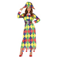 Disfraz de arlequín multicolor largo para mujer