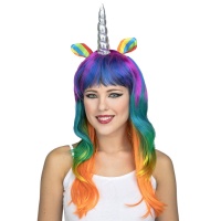 Peluca larga multicolor de Unicornio plateado