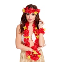 Conjunto hawaiano de flores rojas y amarillas