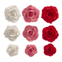 Figuras de azúcar de rosas roja, rosa y blanca - Dekora - 12 unidades
