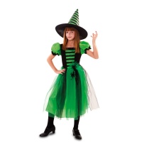 Disfraz de bruja verde con sombrero para niña