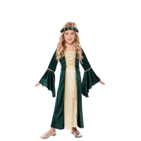 Disfraz de dama medieval verde y oro para niña