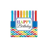 Platos cuadrados de Happy Birthday Arcoíris de 18 cm - 8 unidades