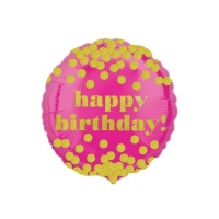 Globo redondo rosa de felicidades con topos dorados de 45 cm - Anagram