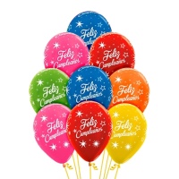 Globos de látex metalizados multicolor de Feliz Cumpleaños con estrellas de 30 cm - Sempertex - 12 unidades
